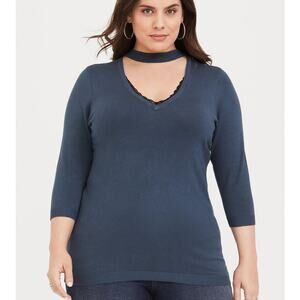 Torrid Choker Neck Sweater Plus Size 4X Lace Trim Stretch Teal Dark Academia